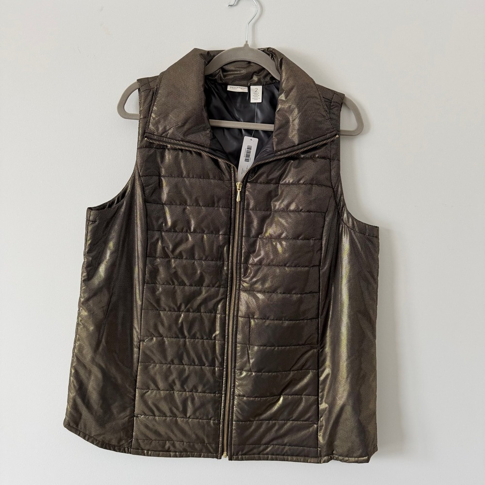 Chicos Zenergy Gold Metallic A Line Puffer Vest Size 2‎ Large New